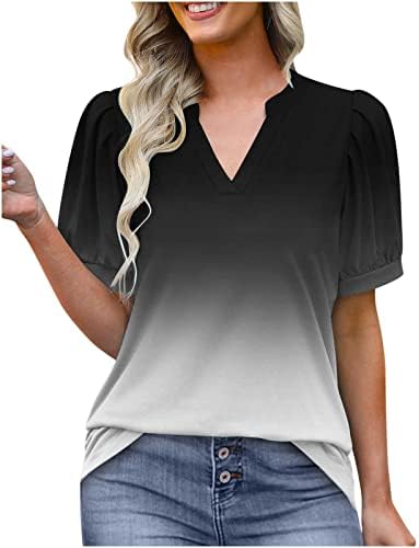 Флорал V вратот врвови за ракави за ракави за жени летна обична маица лабава вклопена туника блузи што треба да се носат со хеланки