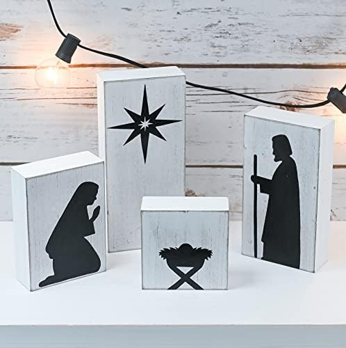 Орнативност Дрвена блок Сцена на Рождество - Божиќни фигури на црна силуета на бело насликани дрвени блокови во затворено рождество
