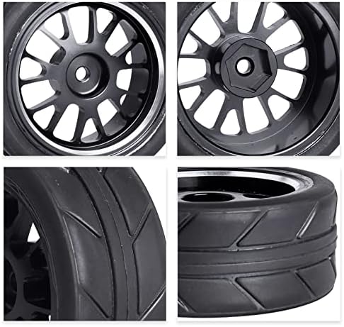 Allinrc прегали алуминиум 12мм хексадецимални тркала и гуми OD 2.56 “за 1/10 на патни турнеи со автомобил RC RC Drift Car, сет од 4