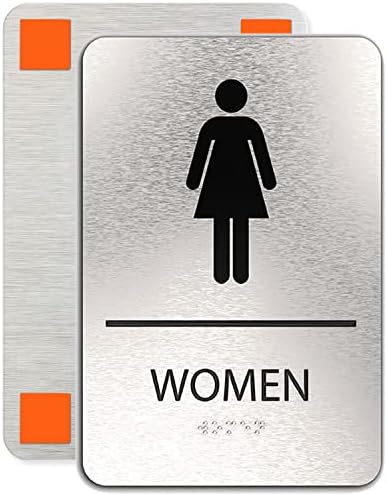 Знак за женски бања, алуминиумска четкана сребрена, двострана монтажна лента за лесна инсталација, симбол на жена, АДА во согласност, Брајово