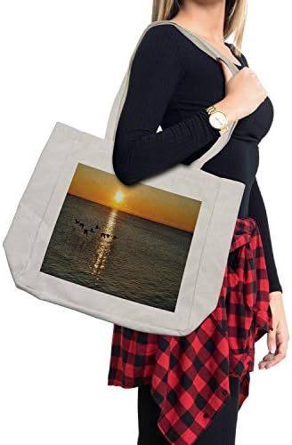 Торба за шопинг на птици Амбесон, силуети од канадски гуски кои летаат над езерото на Сонцето романтична глетка, еколошка торба за еднократна употреба за плажа на н