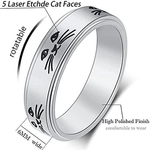 Прстен за анксиозност на Sugfacy за прстени со фитџет - 6мм симпатична мачка прстен од не'рѓосувачки челик вртења за вознемиреност