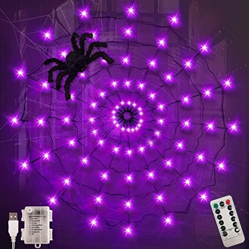 Декорации за Ноќта на вештерките пајаци веб -светла, радоста на 80 лежеле пајак веб -USB и батерија управувани 8 режими виолетова