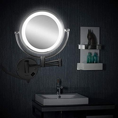 Огледало за шминка за wallидови со светла и 10x зголемување, 8 инчи двострано вртење на wallидот, монтиран шминка, црна две страни 360