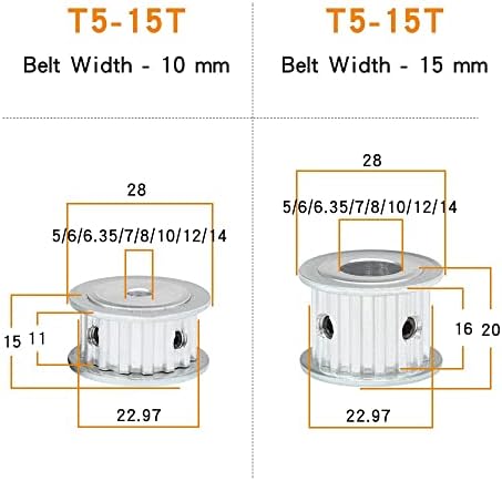Axwerb Professional 2PCS временски услови за тајминг T5-15T AF форма, роди 5/6/6/6.35/7/8/10/12/12/14mm Алуминиумски тркала AF форма