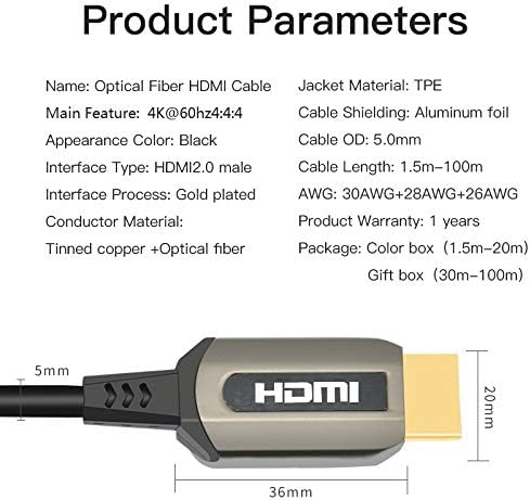 Jeirdus 165FT AOC HDMI Оптички Кабел Ултра HDR HDMI2. 0b 18 Gbps, Поддршка 4K60HZ ARC HDR10 HDCP2. 2, Долби Визија, Светлосна Брзина