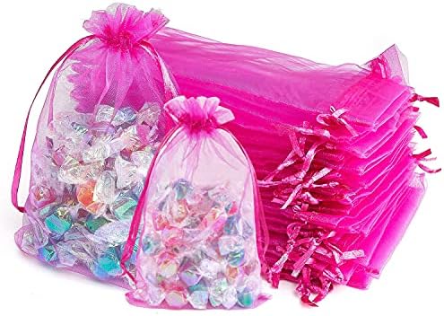 100 парчиња 4х6 Инчи Врели Розови Проегирни Торби За Врвки Од Органза, Мешана Мрежа Во Боја Органза Чанти За Свадбена Роденденска