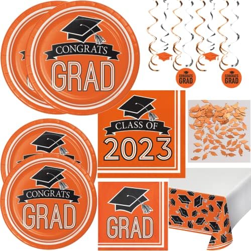 2023 Портокалови и црни честитки за партиски материјали, 147 парчиња училишни духови за еднократна употреба салфетки и украси за дипломирање на средношколски колеџ з?
