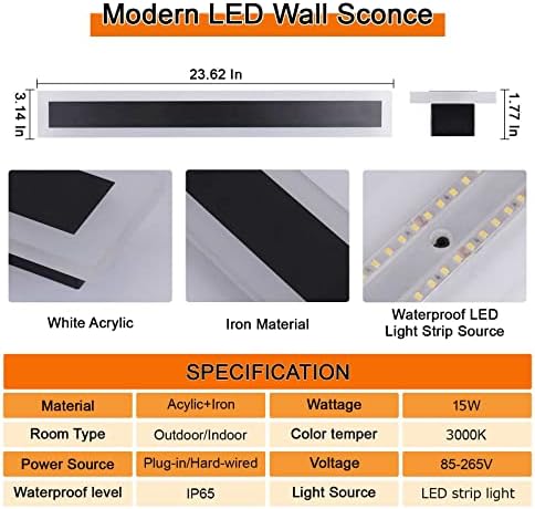 Kawell 15W модерен LED акрилен wallид со долги ленти приклучок во LED wallиден светло со прекинувач правоаголник црн LED wallиден ламба затворен