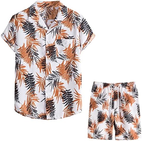 Машка цветна кошула Хавајски сетови копче надолу по кратки ракави за влечење на плажа, летни облеки од 2 парчиња сет 2 парчиња