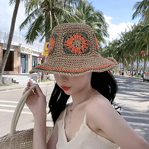Женска слама сончева капа ткаена корпа капа цветна риболов капа плажа капа за преклопување лето шик слама шик капа