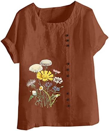 Симпатични врвови за памучни постелнини за жени плус големина Краток ракав цветен графички маичка кошула екипаж на копчето за декор