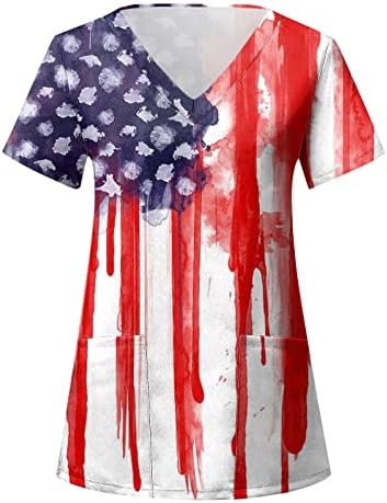 Кошули со американско Знаме За Жени 4 јули Лето Маици Со Краток Ракав Со Врат Со 2 Џебови Блузи Празнична Секојдневна Работна Облека