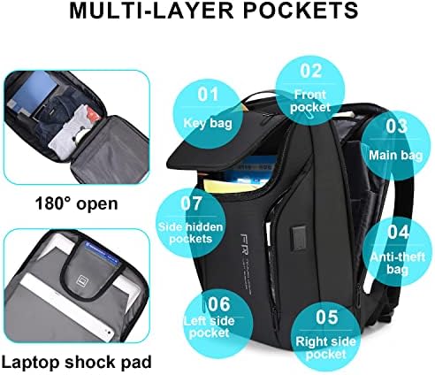 Ранец на лаптоп Фенруен 15,6 инчи деловен ранец за мажи, водоотпорна лесна компјутерска торба за работно патување колеџ со USB