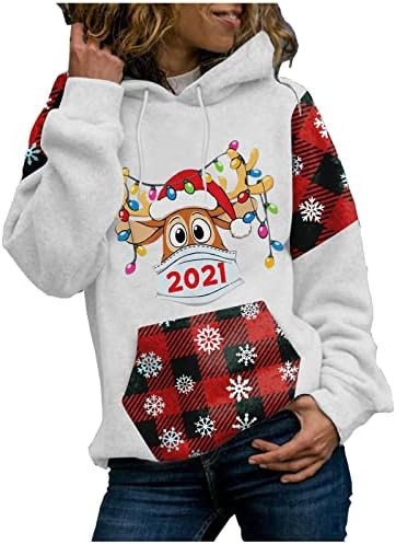 Женски божиќни карирани џемпери со аспиратор лабави Божиќни печати џемпер џемпер дише атлетски дуксери врвни