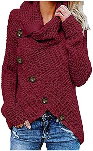 Женски џемпери Чунки џемпер со џемпер на вратот асиметрично копче за завиткување на копчињата, есен зимски долги ракави пуловер