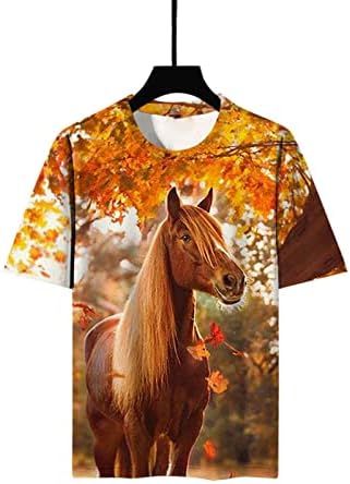 Машка маица стилски 3Д печатени коњски графички манчиња хипстер со долг ракав мускулен тркалезен врат во форма на вратот врвот на