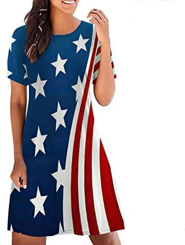 HCJKDU 4 -ти јули фустани за жени со кратки ракави со кратки ракави на вратот Мини фустан обичен лабав патриотски краток фустан