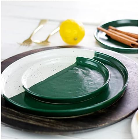 Роро керамички каменувач со двојно темно зелена слонова коска бела модерни минималистички чинии за вечера со раб на усни, сет од 2