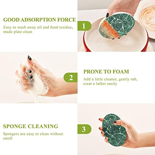 Алаза темно зелена мермер апстрактна природна сунѓери кујна целулоза сунѓер за садови миење на бања и чистење на домаќинства, не-крик и еко пријателски, 3 пакувања