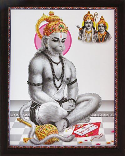 Хануман прави медитација и повторно ја преиспита Сита и Рам, свето хинду -религиозен постер сликање со рамка за богослужба