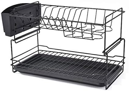 PDGJG Rack Black Bowl Rack - Метална решетка за сушење на садови со двослоен сад, корпа за одводнување во кујна, табла за сушење