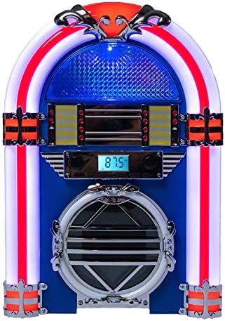 Десктоп Виктор Бродвеј Bluetooth Jukebox со CD плеер, FM радио, вградени стерео звучници и LED осветлување во боја, сина