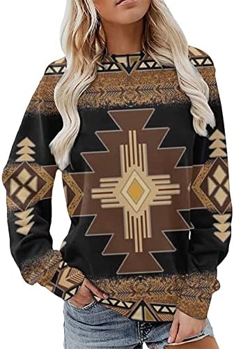 Женски обичен тркалезен врат џемпер со долги ракави врвни етнички шема гроздобер западни дуксери жени ацтеки жени