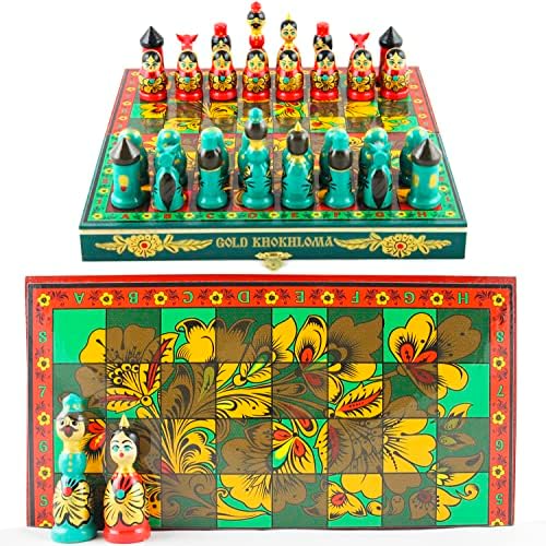 Рачно изработен дрвен шах сет Khokhloma - рачно насликани дрвени шаховски парчиња како кукли со матриошка - игри со парови - подароци за