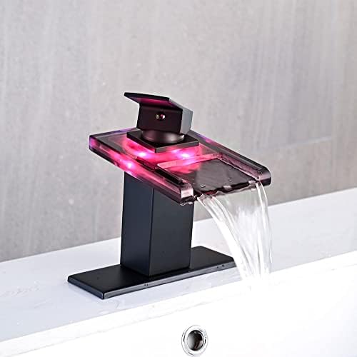 Avsiile LED тапа за мијалник за бања, мат црна водопад со единечна дупка рачка RV бања суета тапа за мијалници 1 дупка со метални патенти и 2