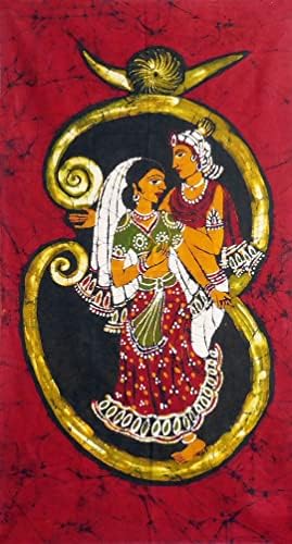 Dollsofindia Radha Krishna на OM - 35 x 19 инчи - повеќебојно сликарство со батик на ткаенина - Необрането