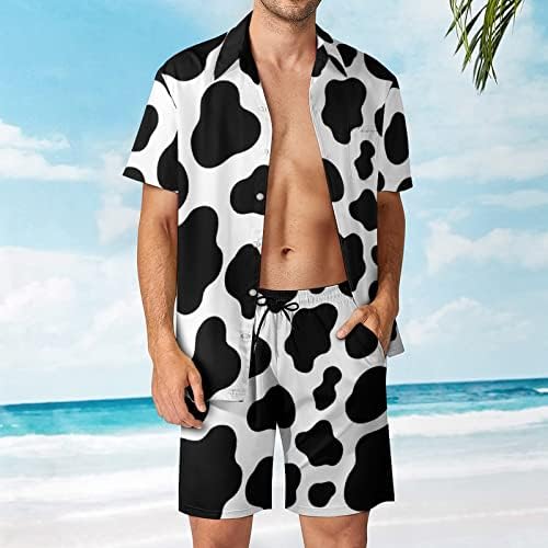 Weedkeycat крава шема машка облека за плажа 2 парчиња Хавајско копче надолу со кошула Краток ракав и шорцеви