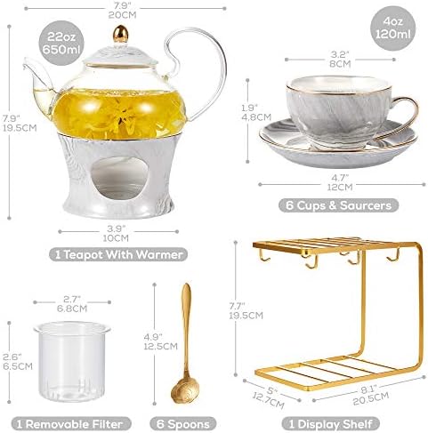 Dujust 21 PCS мал чај сет од 6, сива мермерна текстура со рачно занаетчиски златен трим, фино порцелански сад за чај за деца и возрасни,