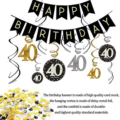 40 -ти роденденски украси за забава, среќен роденден и 40 -ти роденден висини украси црни и злато, среќен роденден и 40 табели конфети, возраст од 40 години на забава