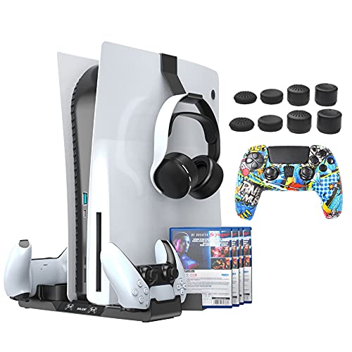 PS5 Stand For PlayStation 5/ PS5 Disc & Digital Edition, PS5 додатоци стојат со станица за полначи со двојни контролори, држач за слушалки, 12 продавници за игри, капачиња за зафаќање на палецо