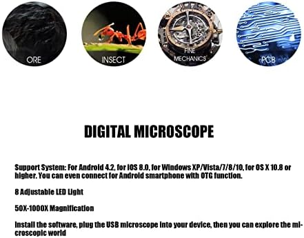 Микроскоп Гаоксин, црна 8 LED преносен дигитален микроскоп со ATG адаптер за iOS 8.0 за OS X 10.8 деца