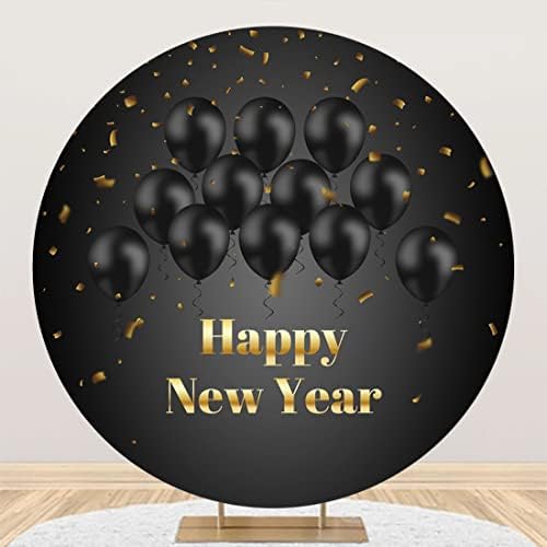 Yeelle 7.5x7.5ft Среќна новогодишна позадина Полиестер црна балони злато лента фотографија позадина за 2023 година новогодишни украси за забави