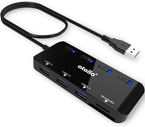 Читател на SD картички, Atolla USB Hub со SD/Micro SD Cards Reader, USB Splitter со 3 USB порти, 2 слотови за картички и индивидуални
