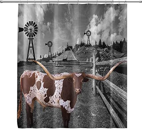 QZJDX Лонгхорнс крава туш завеса за бања Тексас говеда западна фарма животно дрво ограда ветерница куќа штала црна и бела украсна ткаенина бања завеси 60 x70