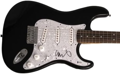 Крис Мартин потпиша автограм со целосна големина Црна Фендер Стратокастер Електрична гитара со автентикација на Бекет Бас - Фронтмен на Колдплеј, падобрани, брзањ?