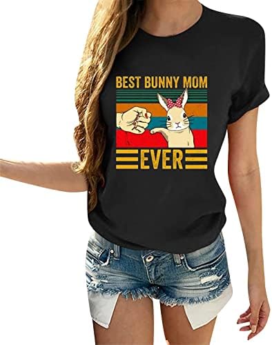 Среќни Велигденски кошули за жени зајаци графичка маица најдобра зајаче мама смешно писмо печатено христијански кратки ракави врвови
