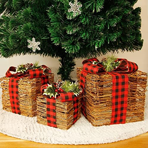 Juegoal Божиќен сет од 3 осветлени кутии за подароци од ратан, украси, 60 LED топло бело светло украси за здолниште на елка, украсен