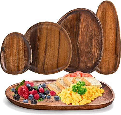 Оклен сет од 5 чинија за сервирање и фиоки за дрво од багрем, неправилни овални цврсти дрвени плочи за сервирање, таблички за