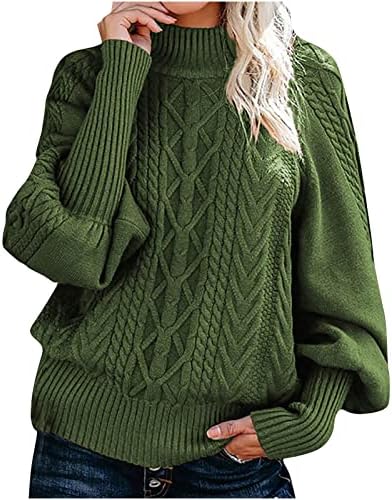 Обичен кабел плетен џемпер за жени Turtleneck балон со долг ракав лабава пулвер, плетена облека, бујни скокач на врвови