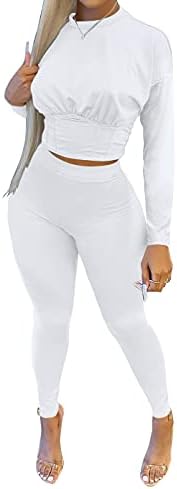Цврста облека со цврста боја на Dgebou 2 парчиња за жени, контрола на стомакот со долги ракави на врвот и панталони за џогерни панталони