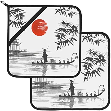 Јапонија Традиционално јапонско сликарство Sumie Art Potholders за кујни, отпорни на топлина, држачи за тенџере со џебови 2 парчиња држач за тенџере постави 8 × 8 инчи за готв?