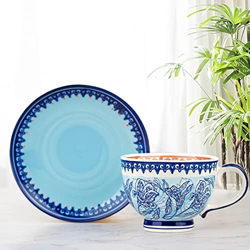 Чаша од чај од чај од чај од Таимеи и чинија, 14,5 мл Голема чаша за кафе со чинија, единечна чај и чинијачка поставена за еден, сино рачно обоен подарок за цвеќиња од цв