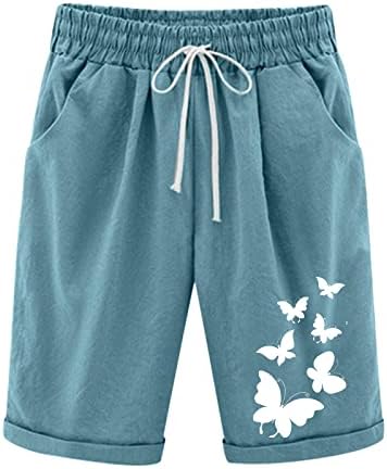 Rbculf женски шорцеви летни модни печатени памучни постелнина спортски случајно плус големина пет поени панталони кратки џемпери