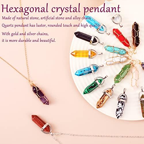 Julулмелон 18 парчиња хексагонални кристални ѓердани Духовни вештачки кристални приврзоци за накит правејќи со жица од дрво и легура прстен за жени девојки