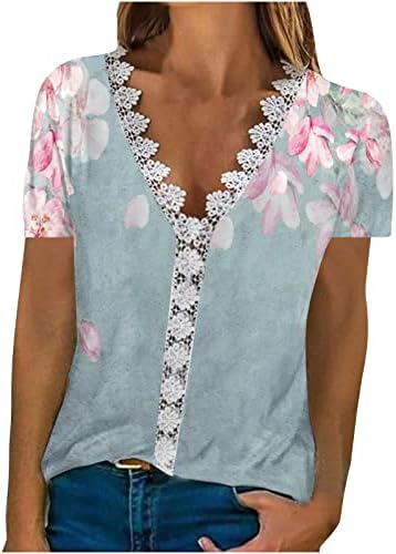 V вратот чипка спандекс кошули за жени кратки ракави цветни графички лабави вклопни бранч врвови маици девојки 2023 ns